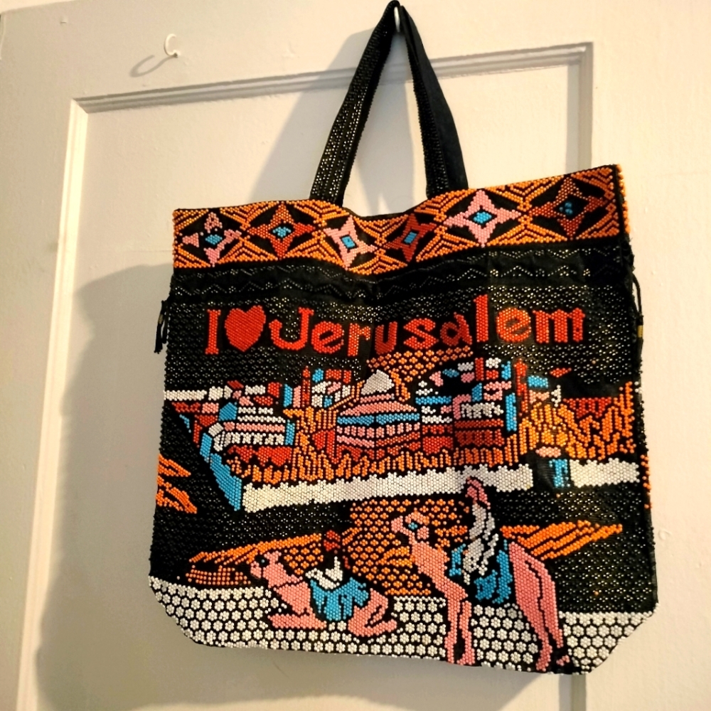 I Love Jerusalem Beaded Tote Bag - Black and Orange